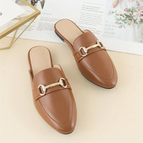 Brown Elegant Women's Metal Decor Flat Mules - Picture 4 of 8